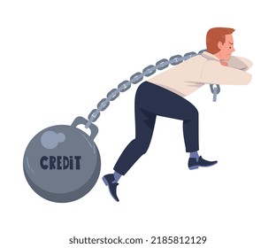 Severity of Mortgage with Man Pulling Iron Ball on Chain as Heavy Burden of Credit Vector Illustration