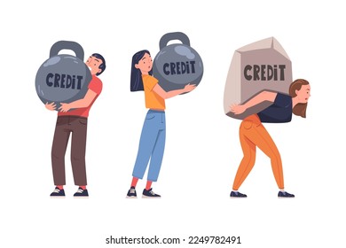 Severity of Mortgage with Man and Woman Carrying Heavy Burden of Credit Vector Set