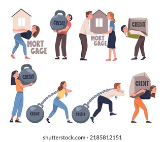 Severity of Mortgage with People Carrying and Pulling Heavy Burden of Credit Vector Set