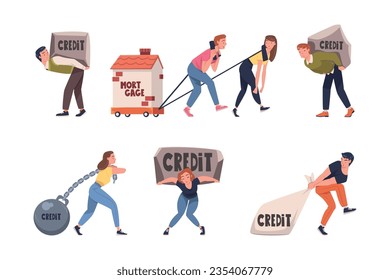 Severity of Mortgage with People Carrying and Pulling Heavy Burden of Credit Vector Set