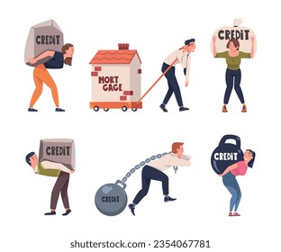 Severity of Mortgage with People Carrying and Pulling Heavy Burden of Credit Vector Set