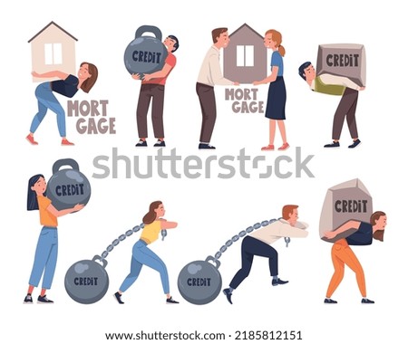 Severity of Mortgage with People Carrying and Pulling Heavy Burden of Credit Vector Set