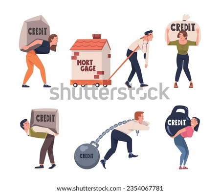 Severity of Mortgage with People Carrying and Pulling Heavy Burden of Credit Vector Set