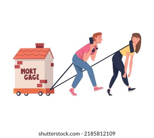 Severity of Mortgage with Tired Man and Woman Pulling House on Trolley as Heavy Burden of Credit Vector Illustration