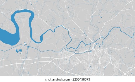 Severn river map, Gloucester city, Wales, England. Watercourse, water flow, blue on grey background road map. Vector illustration, detailed silhouette.
