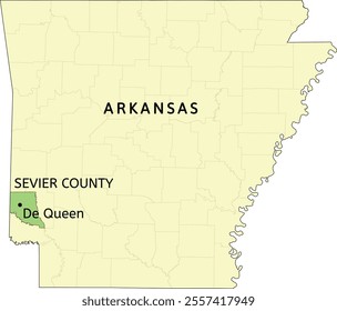 Sevier County and city of De Queen location on Arkansas state map