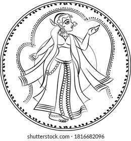 Sevika or servent drew in Ganjfa style. Ganjifa is a traditional game of cards that has over a period of time, evolved into an art form. folk art from India
textile printing, logo, wallpaper