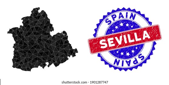 Sevilla Provinz Karte polygonal Netz mit gefüllten Dreiecken, und Not Bicolor Stempel Robbe. Triangle mosaic Sevilla Province map mit dreieckigem Vektormodell, Dreiecke haben randomisierte Größen,