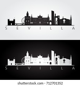 Sevilla skyline and landmarks silhouette, black and white design, vector illustration.