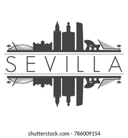 Sevilla Spain Europe Skyline Vector Art Mirror Silhouette Emblematic Buildings 