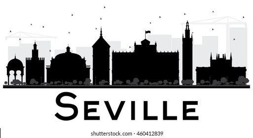 Seville City skyline black and white silhouette. Vector illustration. Simple flat concept for tourism presentation, banner, placard or web site. Business travel concept. Cityscape with landmarks