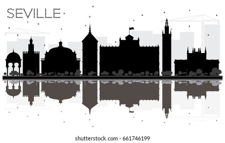 La ciudad de Sevilla enluta silueta blanca y negra con reflejos. Ilustración vectorial. Paisaje urbano con puntos de referencia.