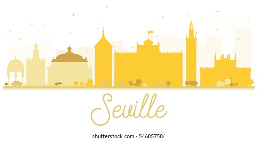 Seville City skyline golden silhouette. Vector illustration. Simple flat concept for tourism presentation, banner, placard or web site. Business travel concept. Cityscape with landmarks.