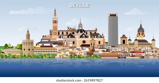 Seville city skyline on gradient beautiful day sky background. Vector illustration