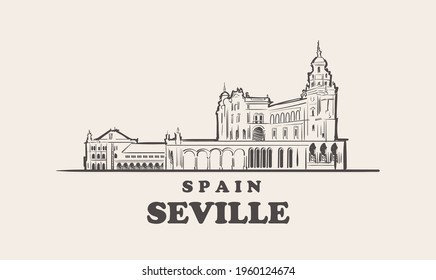 Seville cityscape sketch hand drawn ,spain vector illustration