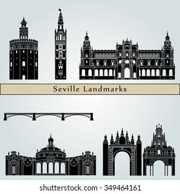 Seville landmarks and monuments isolated on blue background in editable vector file