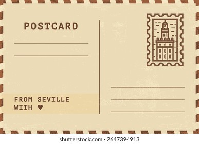 Do modelo de cartão postal de Sevilha. Ilustração de cartão postal estilo vintage grungy vetor com selo, torre, marco, mensagem. Layout de imagem simples de saudações simples