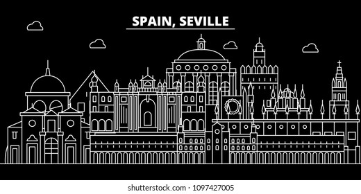 Seville silhouette skyline. Spain - Seville vector city, spanish linear architecture, buildings. Seville travel illustration, outline landmarks. Spain flat icon, spanish line banner
