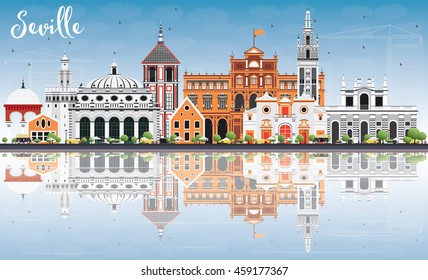 Seville Skyline with Color Buildings, Blue Sky and Reflection. Vector Illustration. Business Travel and Tourism Concept with Historic Buildings. Image for Presentation Banner Placard and Web Site.