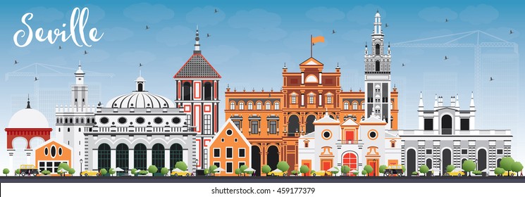 Seville Skyline with Color Buildings and Blue Sky. Vector Illustration. Business Travel and Tourism Concept with Historic Buildings. Image for Presentation Banner Placard and Web Site.