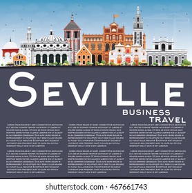 Seville Skyline with Color Buildings, Blue Sky and Copy Space. Vector Illustration. Business Travel and Tourism Concept with Historic Buildings. Image for Presentation Banner Placard and Web Site.