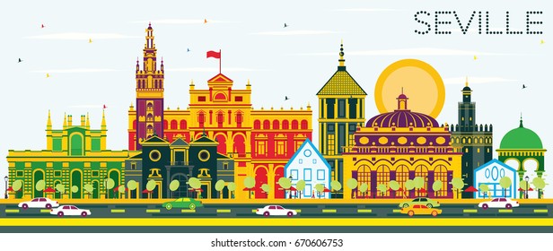Seville Skyline with Color Buildings and Blue Sky. Vector Illustration. Business Travel and Tourism Concept with Historic Buildings. Image for Presentation Banner Placard and Web Site.