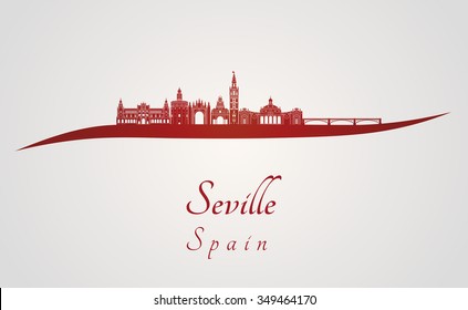 Seville skyline in red and gray background in editable vector file