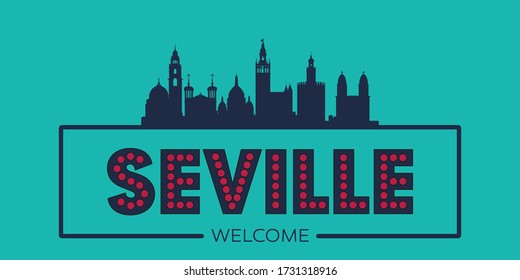 Seville skyline silhouette flat design typographic vector illustration.