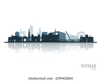 Silueta de perfil de Sevilla con reflexión. Paisaje Sevilla, España. Ilustración vectorial.