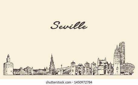 Seville skyline, Spain, hand drawn vector illustration, sketch