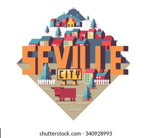 Seville in Spain is Beautiful city to visit on holiday, vector cartoon illustration