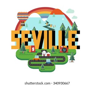 Seville in Spain is Beautiful city to visit on holiday, vector cartoon illustration