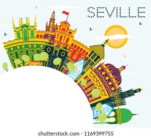 Seville Spain City Skyline with Color Buildings, Blue Sky and Copy Space. Vector Illustration. Business Travel and Tourism Concept with Historic Buildings. Seville Cityscape with Landmarks.