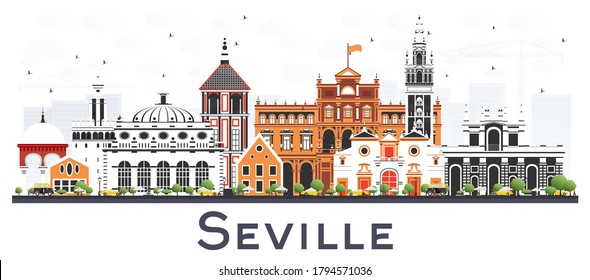 Seville Spain City Skyline with Color Buildings Isolated on White. Vector Illustration. Tourism Concept with Historic and Modern Architecture. Seville Cityscape with Landmarks.