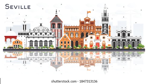 Esquina de la ciudad de Sevilla España con edificios de color y reflexiones aisladas en blanco. Ilustración vectorial. Concepto de turismo con arquitectura histórica y moderna. El paisaje urbano de Sevilla con monumentos.