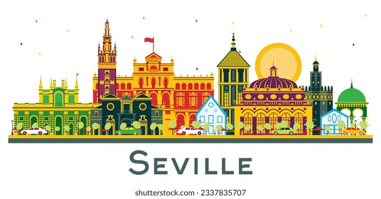 Seville Spain City Skyline with Color Buildings Isolated on White. Vector Illustration. Business Travel and Tourism Concept with Historic Buildings. Cityscape with Landmarks.