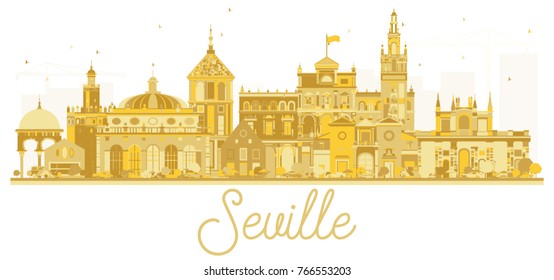 La ciudad de Sevilla, España, enluta dorada. Ilustración vectorial. Concepto de viajes de negocios. El paisaje urbano de Sevilla con puntos de referencia.