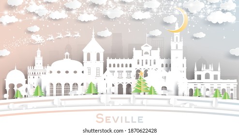 Seville Spain City Skyline in Paper Cut Style with Snowflakes, Moon and Neon Garland. Vector Illustration. Christmas and New Year Concept. Santa Claus on Sleigh.