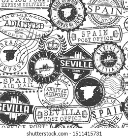 Seville Spain Stamps. City Stamp Vector Art. Postal Passport Travel. Design Set Pattern.