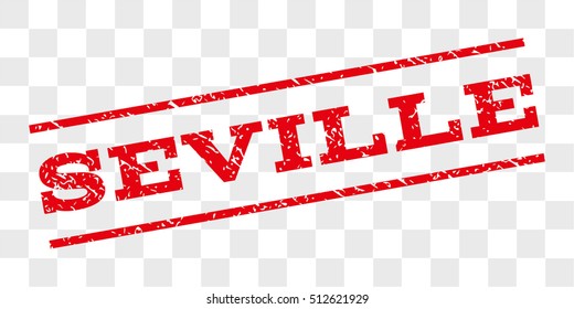 Seville watermark stamp. Text tag between parallel lines with grunge design style. Rubber seal stamp with unclean texture. Vector red color ink imprint on a chess transparent background.