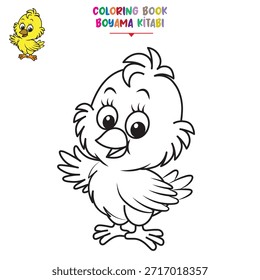 Sevimli sarı kuş. Black and white vector illustration for coloring book.