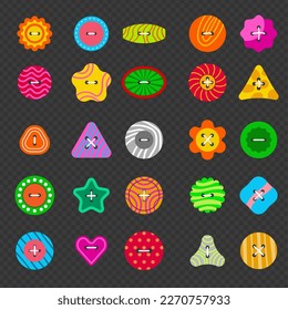 Sew buttons. Clothes plastics items for fashioned clothes tailor buttons recent vector stylised illustrations