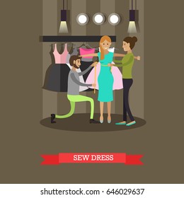 Sew dress vector illustration. Custom dressmakers male and female taking measurements from young lady. Atelier, tailoring shop, fashion salon concept design element in flat style.
