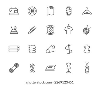 Sew fabric fashion cloth tailor vector icon set. Sewing leather stitch thread outline needle icon.