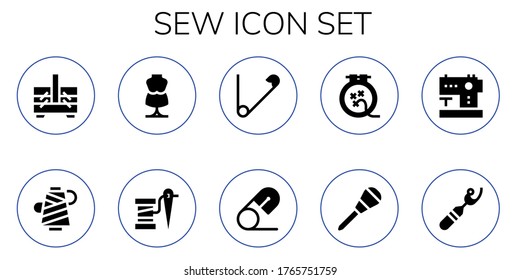 sew icon set. 10 filled sew icons. Included Sewing box, Thread, Mannequin, Safety pin, Knit, Awl, Sewing machine, Ripper icons