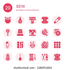 sew icon set. Collection of 20 filled sew icons included Knitting, Threader, Knit, Leather, Safety pin, Thimble, Sewing machine, Yarn, Bobbin, Wool, Embroidery, Thread, Awl