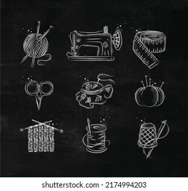 Sew icon set with illustrated sewing machine, skein of threads, scissors, knitting needles, needle, thread, embroidery hoop in hand drawing style on chalkboard background