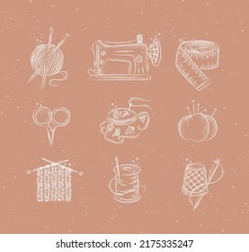 Sew icon set with illustrated sewing machine, skein of threads, scissors, knitting needles, needle, thread, embroidery hoop in hand drawing style on peach color background