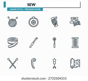 nähen Symbole - Kugel aus Wolle, Nadelspitze, Fäden, Spule, Stoff Kontur Vektor Sammlung.
