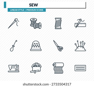 Conjunto de iconos de costura - agujas, , bobina de alambre, soporte de pasador, puntadas de contorno de colección de Vector.